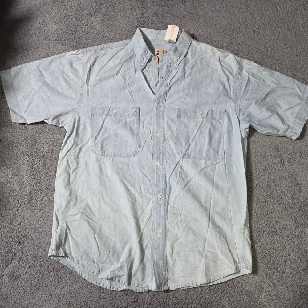 On The Brink Mens L Short Sleeve Button Down Light Blue Denim Cotton Shirt 4436